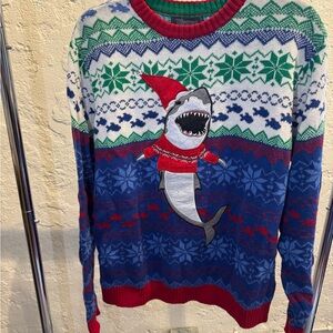 Playful Blue and Green Crewneck Sweater with Shark Design